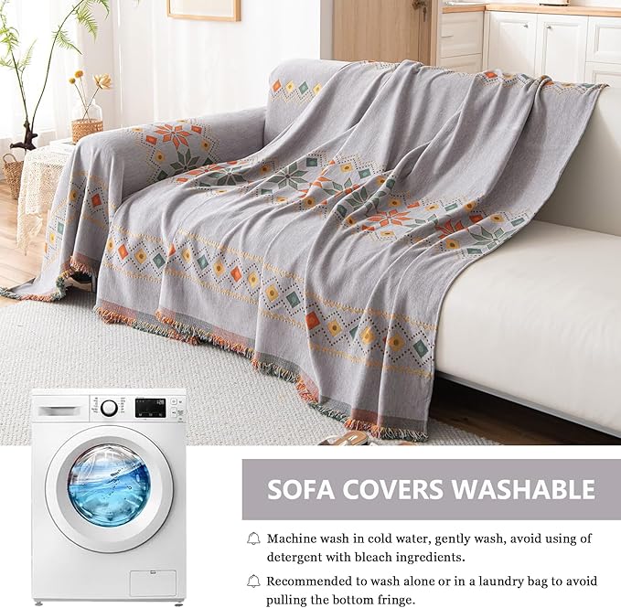 DREAMINGO Boho Couch Cover Grey Chenille Sofa Protecor