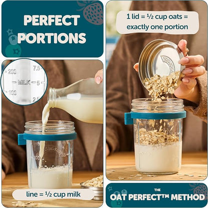 Overnight Oats Containers with Lids & Spoons - Stainless Steel Lid Leakproof Glass Jars for Chia Pudding & Yogurt for Healthy Breakfast On-the-Go - 16oz Set with Unique Milk Line - 4 Pack