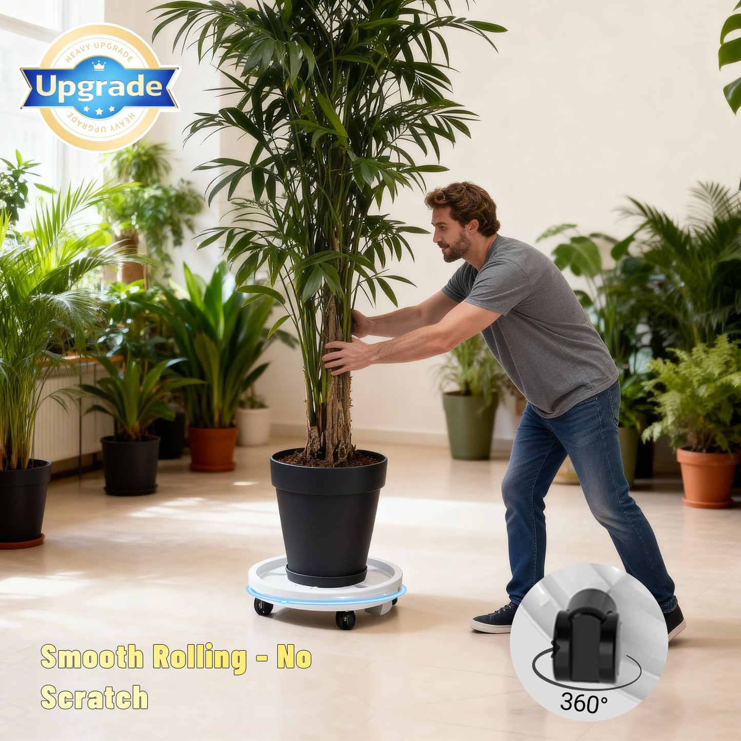 Tappio 2 Pack 14" and 12" Plant Caddy with Hidden 360°Wheels, Plant Stand Rolling Saucer with Drain Hole, Flower Pots with Removable Drainage Tray for Indoor Outdoor, Lockable Wheels
