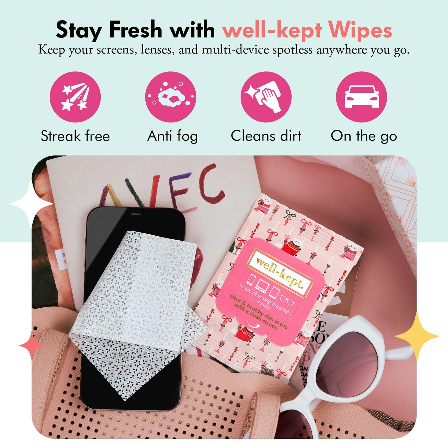 Well-Kept Tech & Lens Wipes - Eyeglass, Screen & Phone Cleaning, Multi-Surface, Lint-Free, Pre Moistened, Streak-Free & Non Scratching - Choupette, 12 Pack (180 Count)