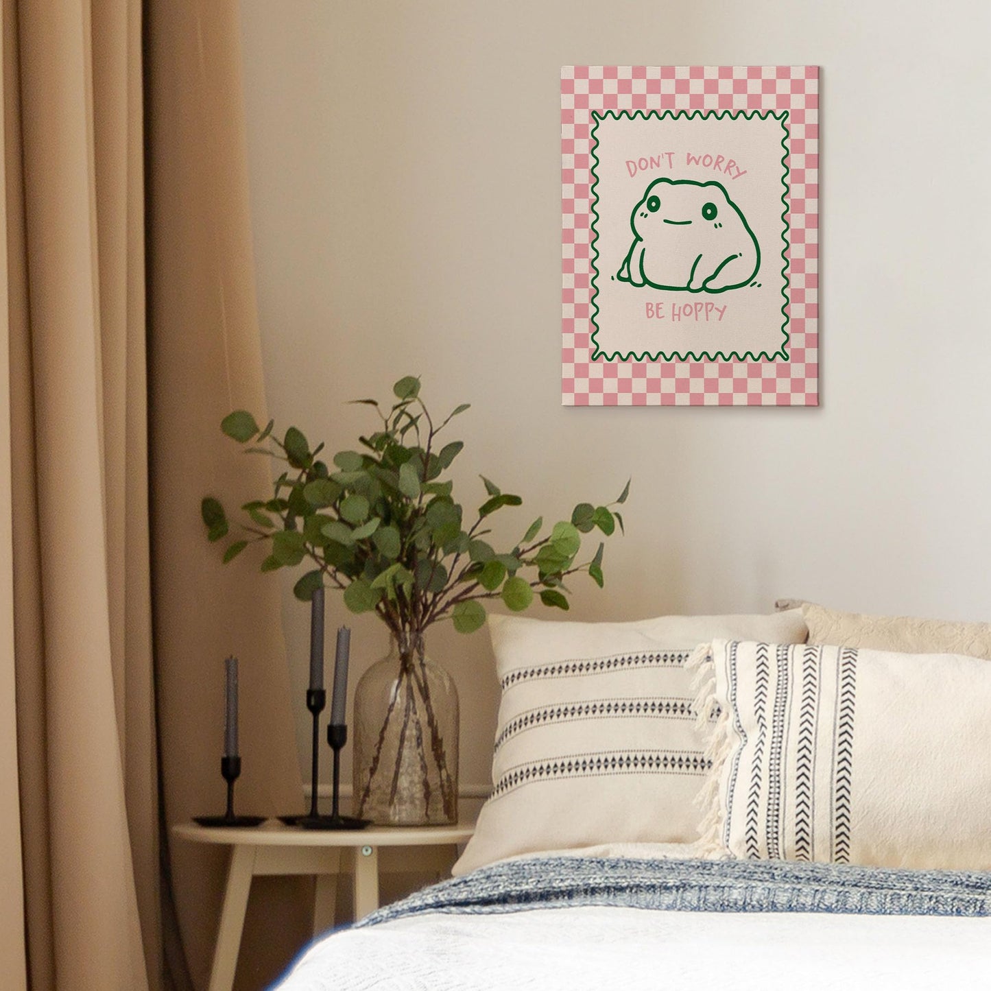 XINCEYWJ Frog Decor, Cute Funny Frog Classroom Wall Decor, Don't Worry Be Hoppy Pink Checkered Canvas Art Prints Framed, Mental Health Cute Funny Wall Art for Kids Bathroom Bedroom Office, 11x14 In