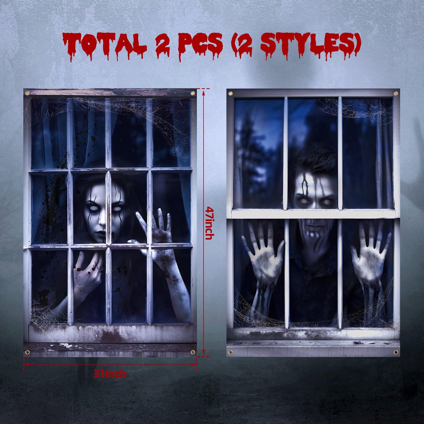 Newwiee 2 Pcs Scary Halloween Curtain Window Silhouette Cover Decoration Theme Poster for Indoor Outdoor Party Wall Door(Spooky Ghost)