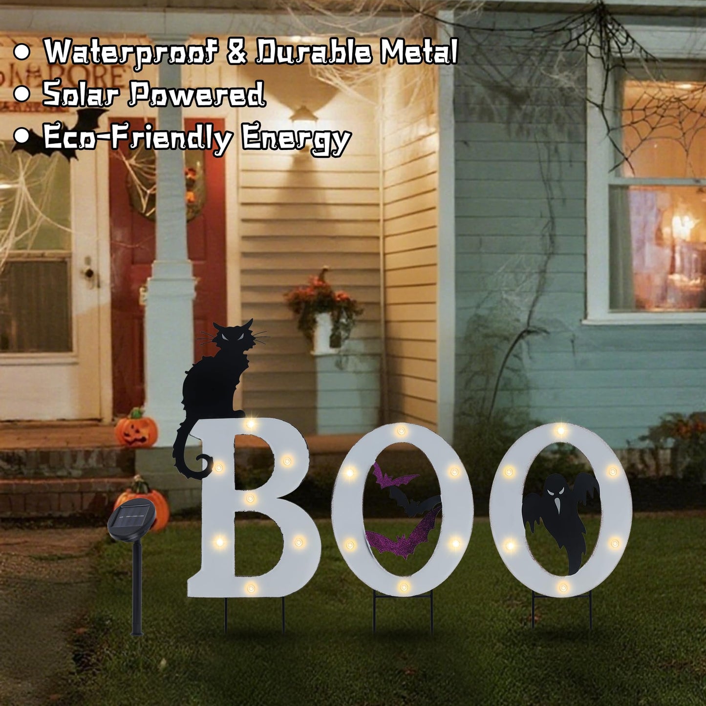 Prsildan 3 Pack Halloween Decorations Outdoor -Solar Powered Lighted Boo Yard Sign with Bats, Cat & Ghost, Waterproof Metal Lawn Stakes for Front Yard, Porch, Garden - Spooky Halloween Party Decor