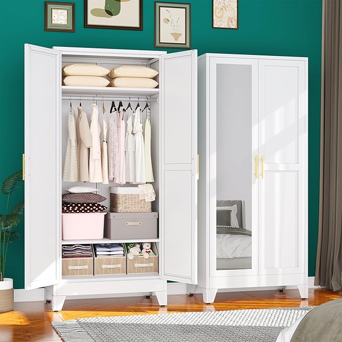 71" Metal Armoire Wardrobe Closet, Steel Clothing Storage Cabinet