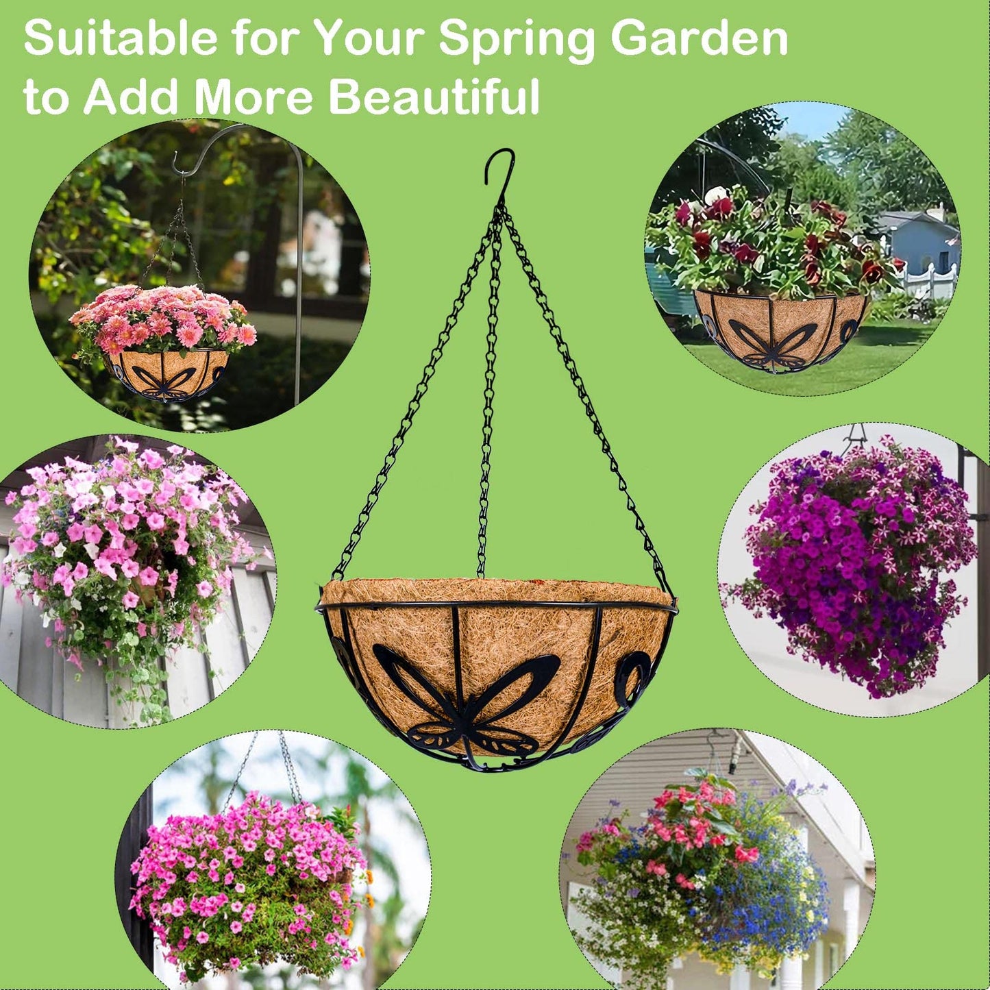 VICHOCCA Hanging Planter with Coco Coir Basket Liner - Round Wire Plant Holder for Outdoor Lawn Patio Balcony Garden Deocr, Butterfly Pattern Outside 10 Inch Plants Pot, 2 Pack