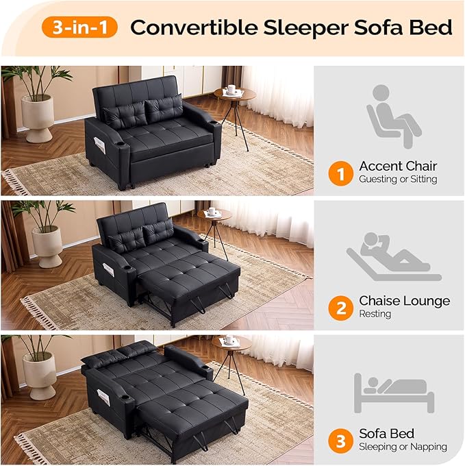 VINGLI Black Futon Sofa Bed Convertible Loveseat Sleeper Couch, Faux Leather