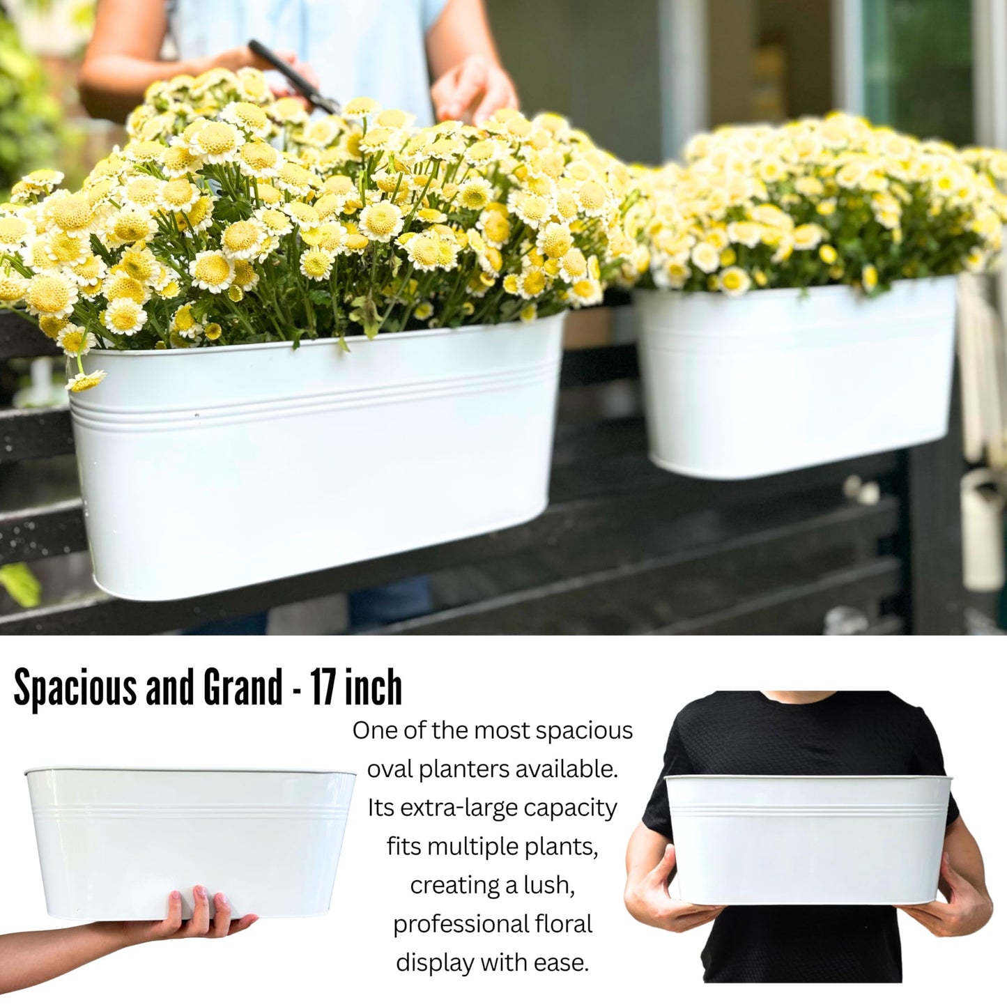 LaLaGreen Planter Boxes for Outdoor (6 Pack, 17 Inch) White Metal Deck Railing Hanging Flower Pots, Large Window Box Plant Holder Hooks Fence Rail Buckets Modern Herb Boho Style Wall Mount Porch Decor