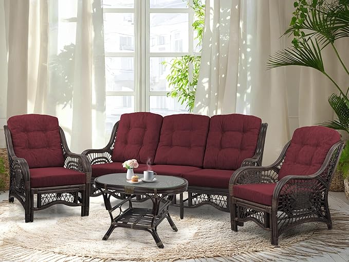 Malibu Lounge Set of 4: 2 Natural Rattan Wicker Chairs, Three-Seater Sofa