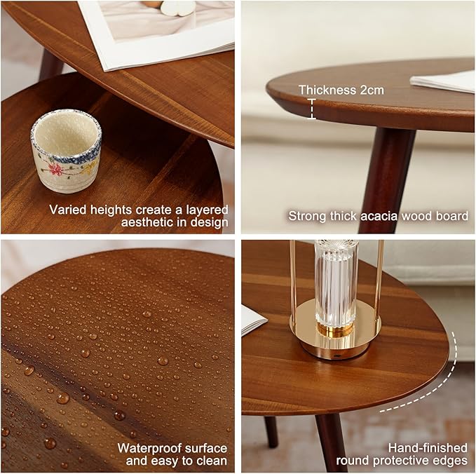 Small Oval Coffee Tables Set, Acacia Wood Nesting Tables（25.6"x17.7"+17.7"x13.4"