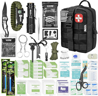 VLITEPRO 242 Piece First Aid & Survival Kit – Molle Pouch IFAK, 1000D Nylon, Color-Coded Compartments, Medical Kit for Camping, Boat, Hunting, Hiking, Home, Car/Home/Earthquake Emergency (Black)