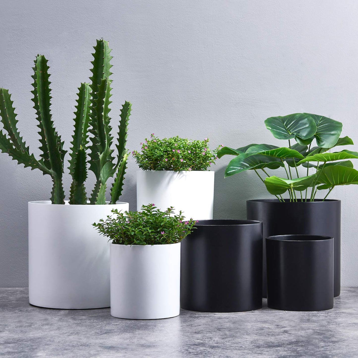 FaithLand 8 Inch Fiberstone Planter - Lightweight Modern Cylinder Plant Pot with Drainage Hole & Plug, Indoor Outdoor Use, Matte White