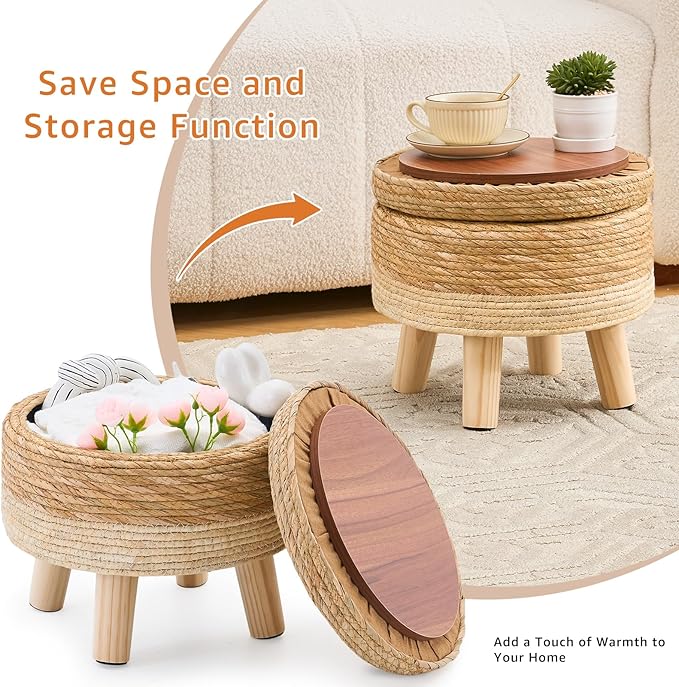 Cpintltr Storage Ottoman Poufs Handwoven Footstool Natural Seagrass Round