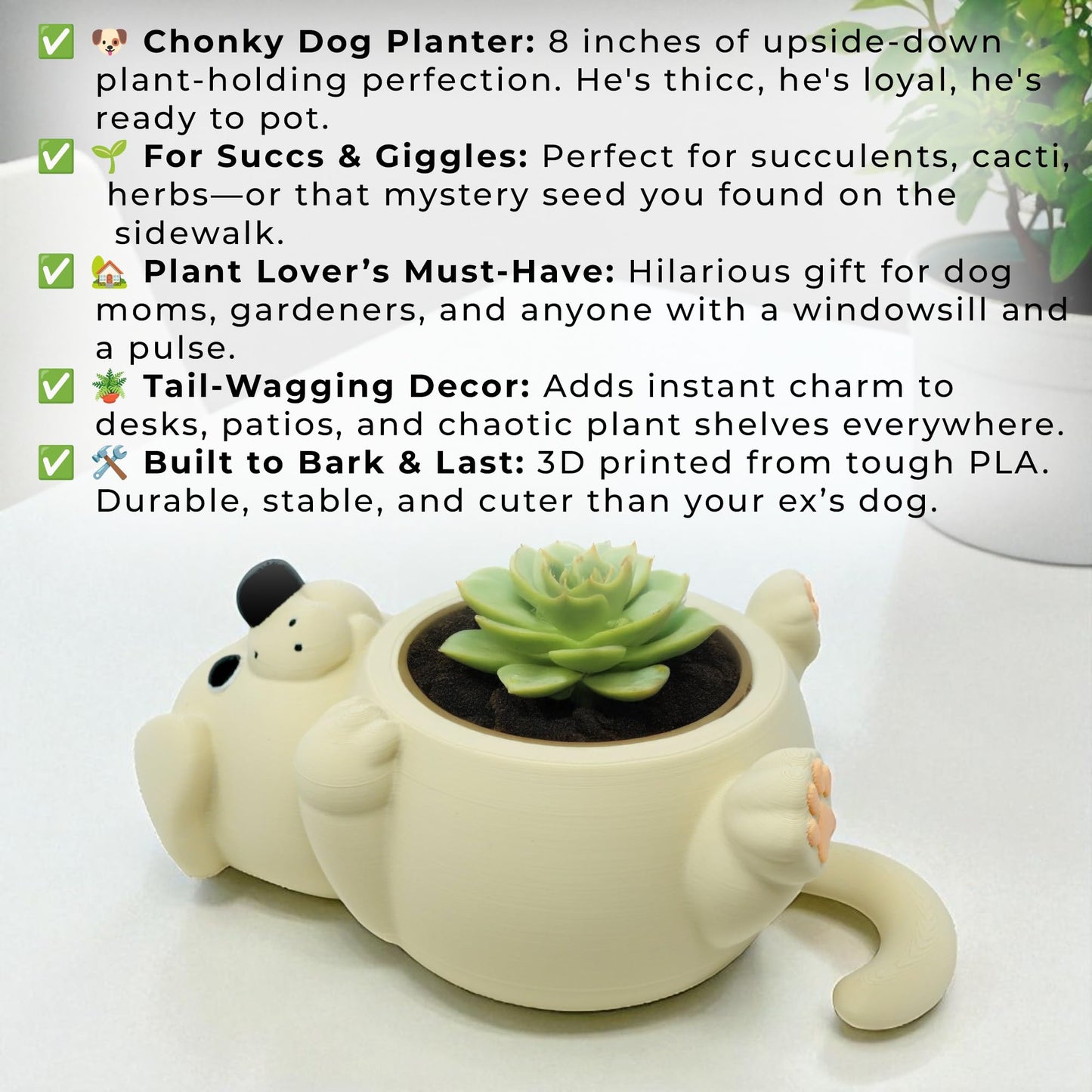 Mivi Collection Chonky Dog Belly Plant Pot – Lay-Flat Pup Planter for Succulents, Funny Pet Lover Gift, Cute and Uselessly Helpful Dog Container for Home or Office Decor