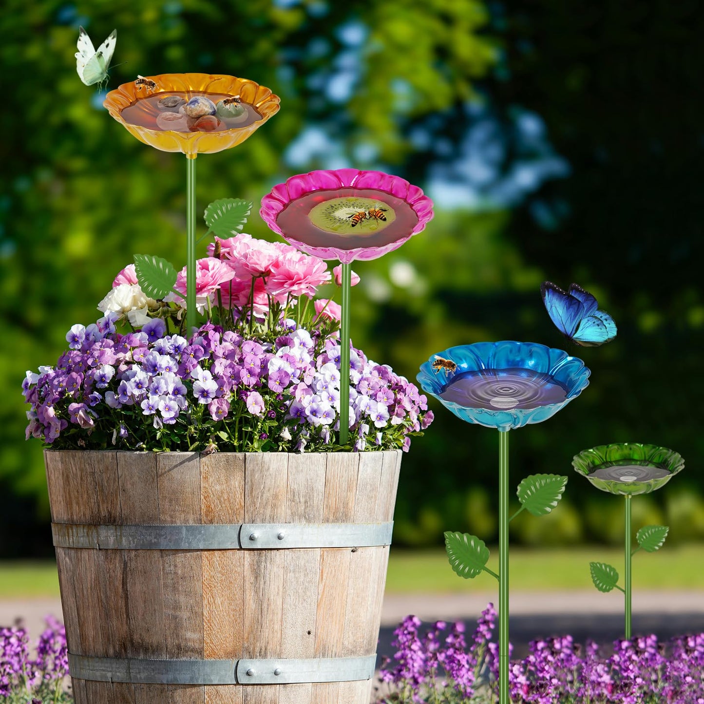 Retyion Bee Watering Station | 2 Pack Bee Baths for Garden | Metal Flowers Decorative Garden Stakes | Butterfly Feeder for Outside Garden Yard Decor (Blue,Yellow)