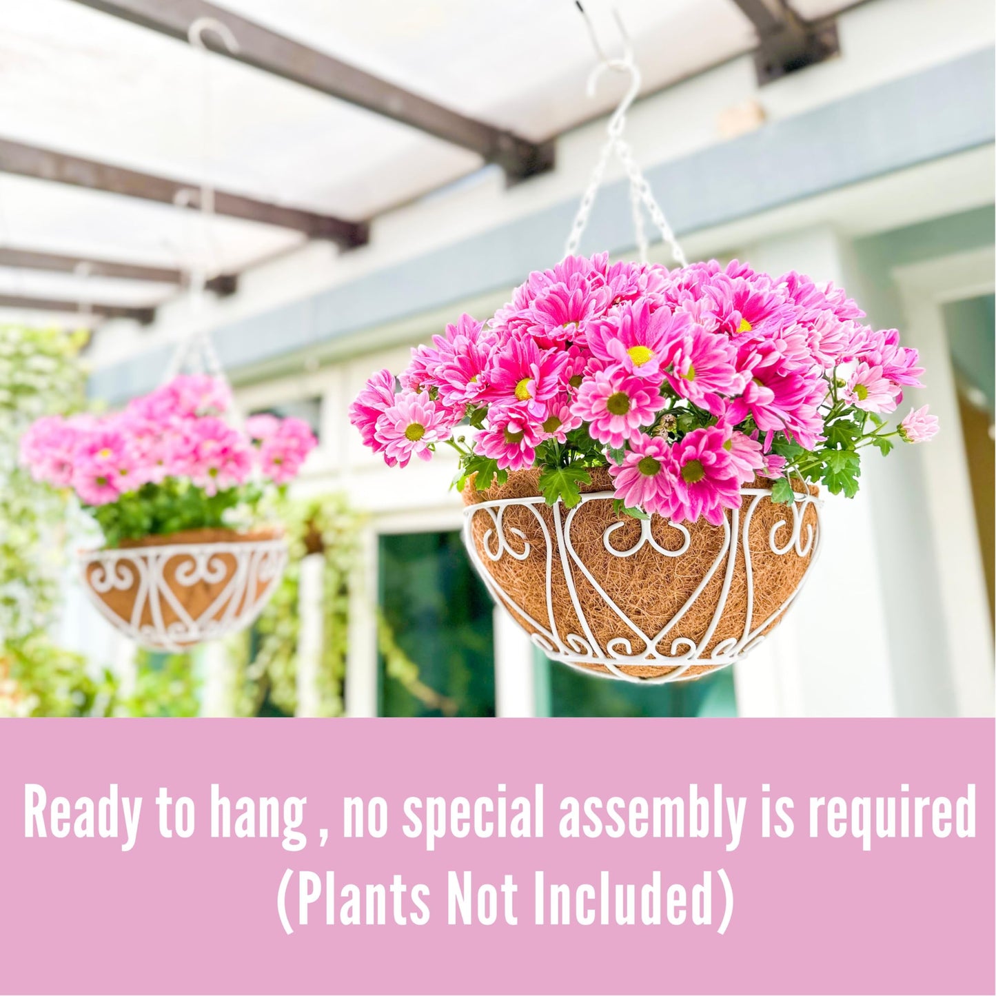 LaLaGreen Hanging Planter for Outdoor (18 Inch, 4 Pack) Large White Metal Wire Hanging Plant Planter with Coco Liner Round Garden Farmhouse Balcony Country Decor Flower Pot Hanger Deck Porch Modern