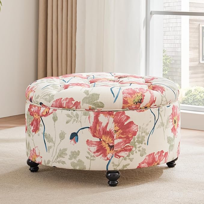 HUIMO 30-Inch Round Storage Ottoman, Modern Button Tufted Ottoman Coffee Table