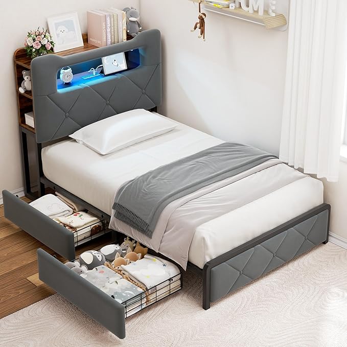 Jocoevol Twin Upholstered LED Bed Frame