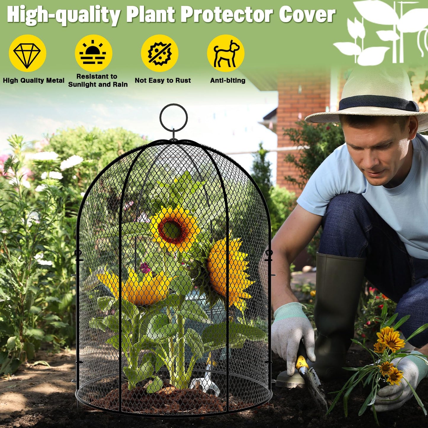 Novabright 6 Pack Garden Cloches for Plants 12" x 16" with Stakes & Zip Ties, Plant Covers from Animals Large Metal Mesh Chicken Wire Cloche Plant Protector Cage for Vegetable Garden Outdoor (Black)