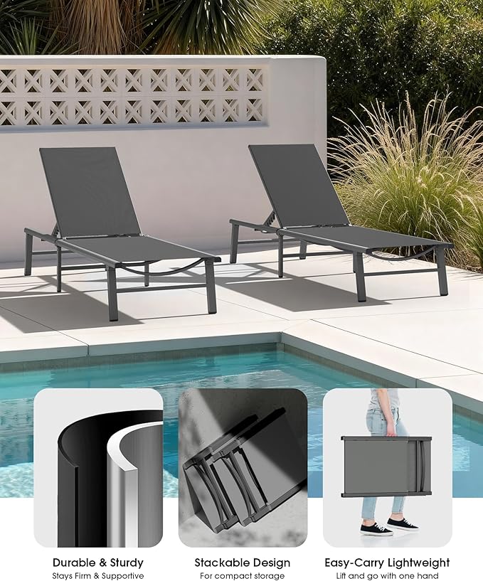 Ciokea Foldable Outdoor Lounge Chair Set of 4, No Assembly Aluminum Chaise