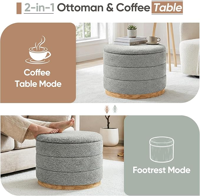 Round Storage Ottoman with Tray Lid, Folding Chenille Fabric Footrest with