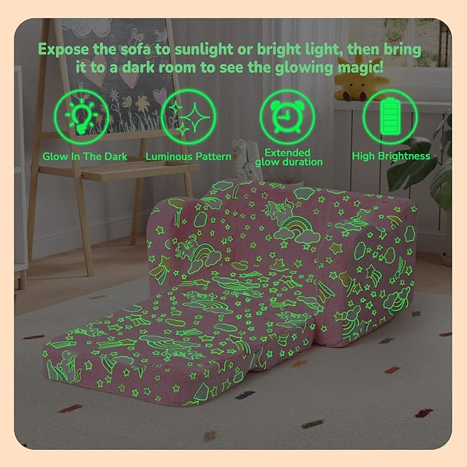 MeMoreCool Glowing Pink Rainbow Kids Chair, 2-in-1 Glow-in-the-Dark Kids Couch