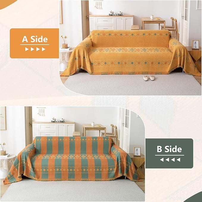 DREAMINGO Orange Boho Sofa Cover Chenille Couch Cover Blanket Vintage Bohemian