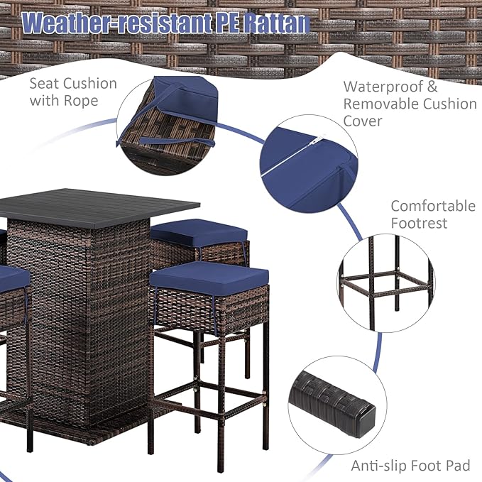 Tangkula 5 Piece Outdoor Rattan Bar Set, Patio Bar Furniture