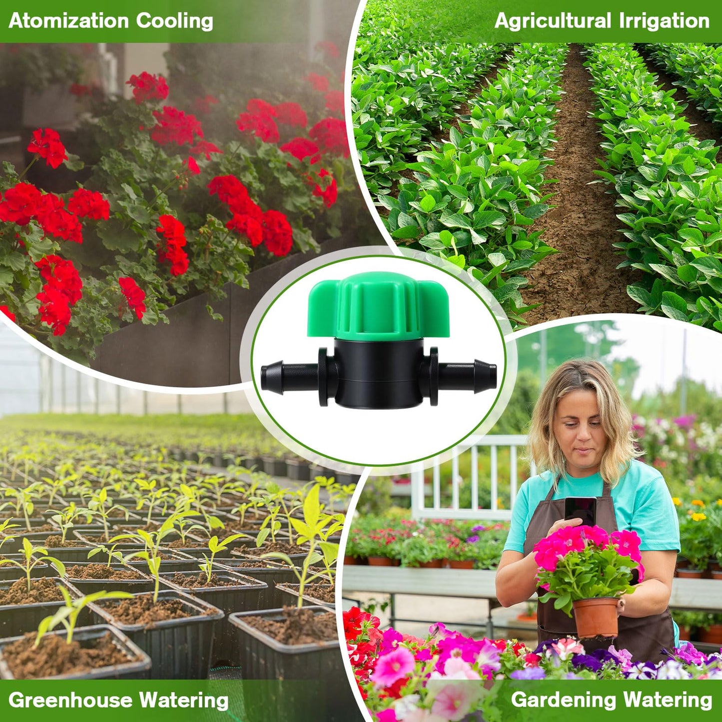 Innconee 50 Pcs 1/4 Inch Barbed Shut off Valve Drip Irrigation Tubing Coupling Valve Universal Drip Irrigation for 1/4" Tubing Greenhouses Flowers Beds Lawns Farmland(Green,Barbed Shut off Valve)