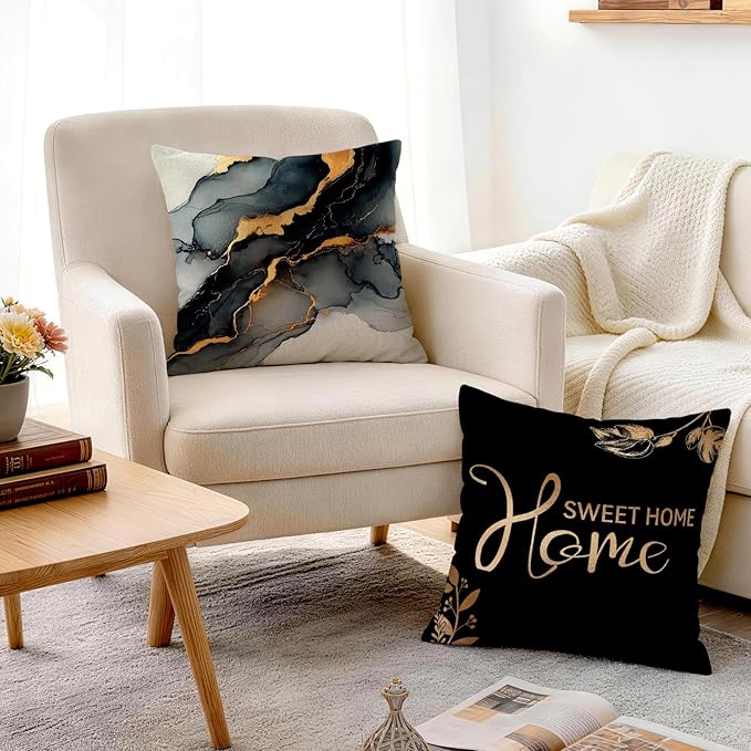 OBSEDE Black Gold Marble Sweet Home Decorative Throw Pillow Covers 18 × 18 in