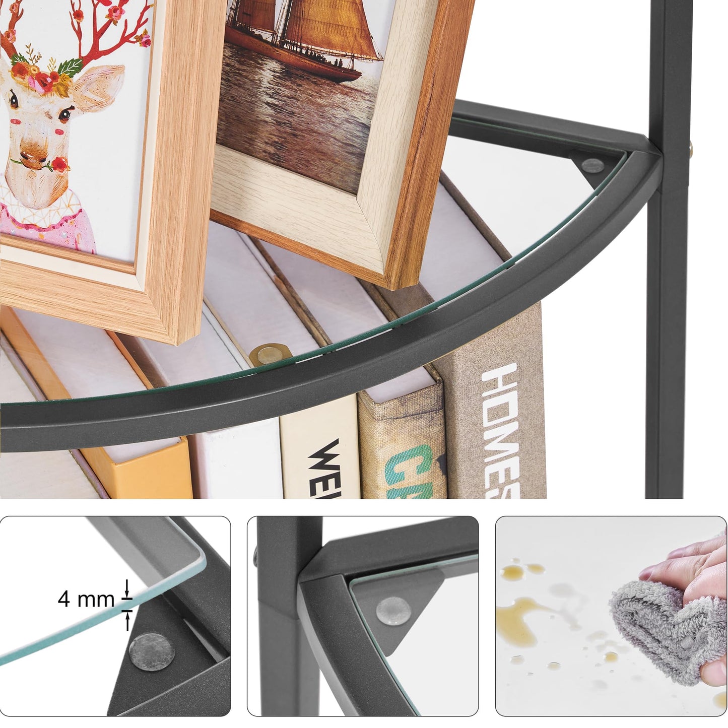 Homhedy 5-Tier Corner Shelf Stand, Metal Corner Bookshelf, Tempered Glass Shelves, Bathroom Storage Rack Shelf, Plant Stand, Modern Style, Black
