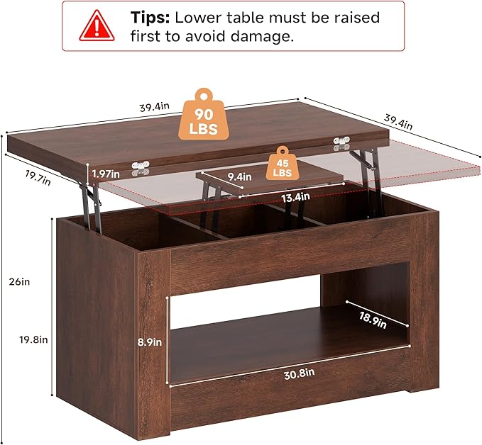 UNIQUITE 40" Lift Top Coffee Table, 4 in 1 Multi-Function Lift Coffee Tables
