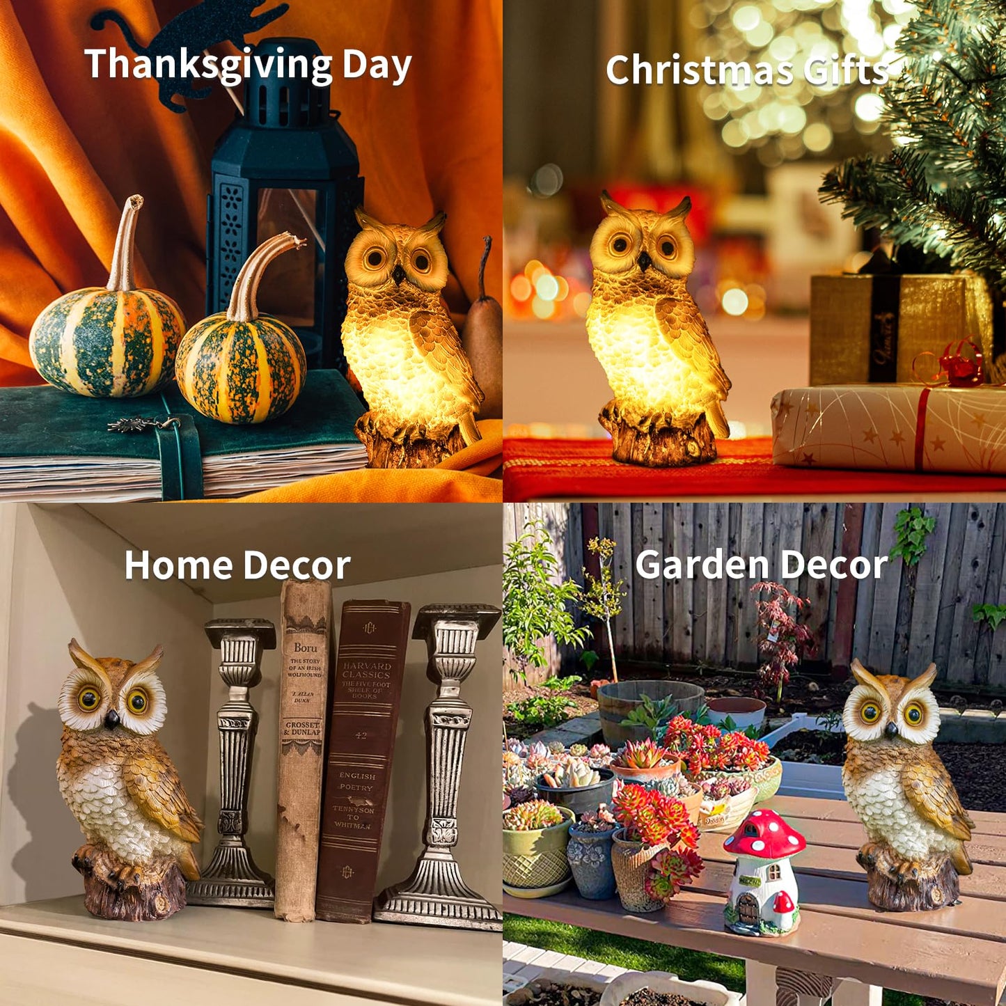 WONDHOME Solar Owl Garden Statues Outdoor Decor Resin Owl Figurine with LED Lights Owl Sculpture for Porch Patio Lawn Yard Decorations Christmas Housewarming Gifts for Women Mom,Brown Owl
