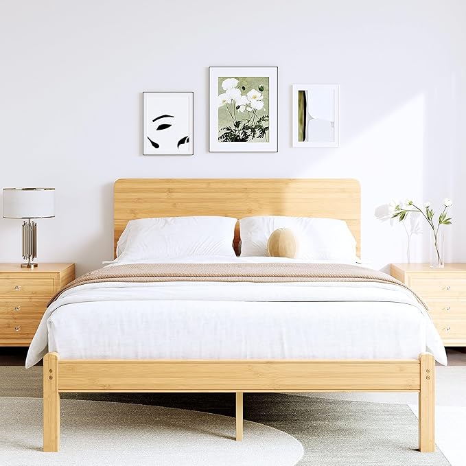BOSRII 14in High Solid Bamboo Wood Platform Queen Size Bed Frame