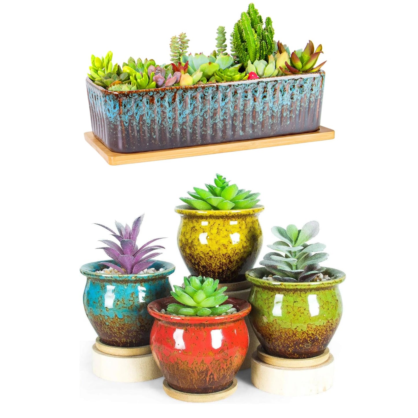 ARTKETTY Succulent Pots - 12 Inch Large Succulent Planters with Drainage Tray, Window Sill Planter, 4 Pack Small Plant Pots with Drainage Tray, 4.5 Inch Ceramic Pots for Indoor