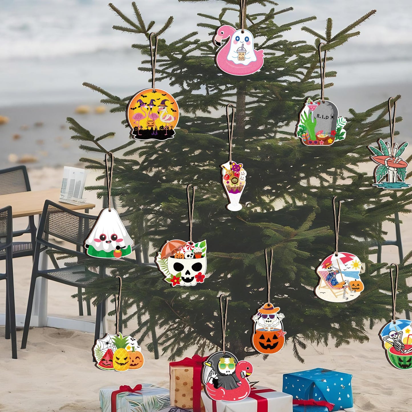 36 Pcs Summer Halloween Ornaments Hawaii Themed Hallows' Eve Ghost Wooden Hanging Ornament for Hawaiian Halloween Party Decor