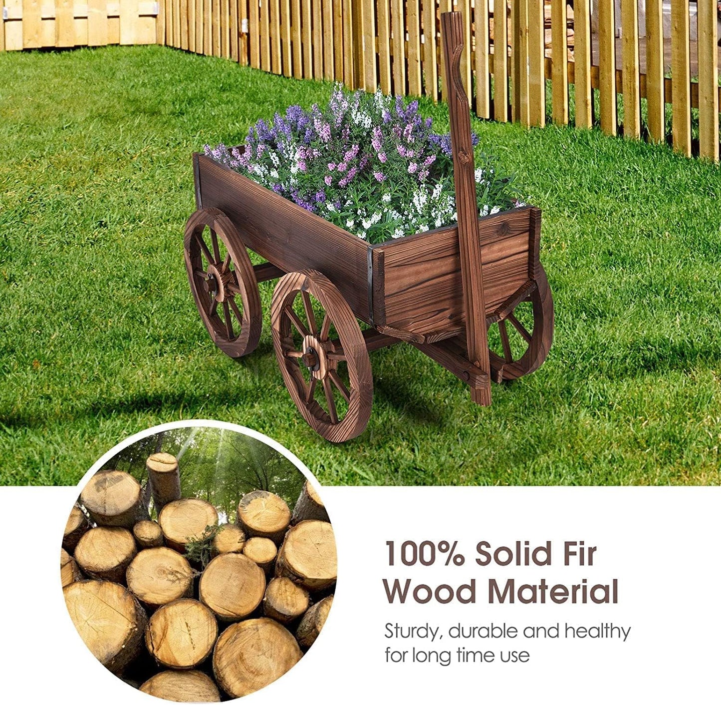 LDAILY Wooden Wagon Planter Pot, Decorative Flower Cart with Handle, Wheels, Drain Holes, Outdoor Rustic Wheelbarrow Planter Stand for Patio, Garden, Backyard, Balcony, Brown
