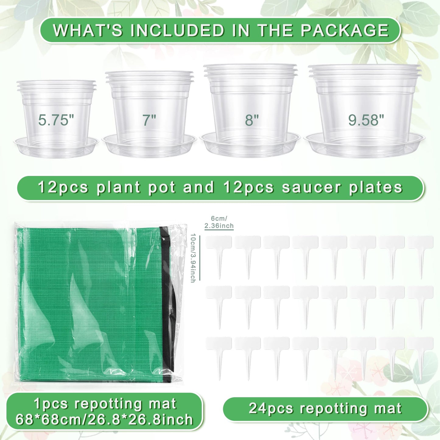 QTRQTR 12 Pack 5.75/7/8/10 Inch Large Clear Nursery Pots with Drainage Clear Plastic Pots for Plants Seedling Flower Vegetables Orchids Indoor Outdoor Gardening with Repotting Mat and Plant Labels