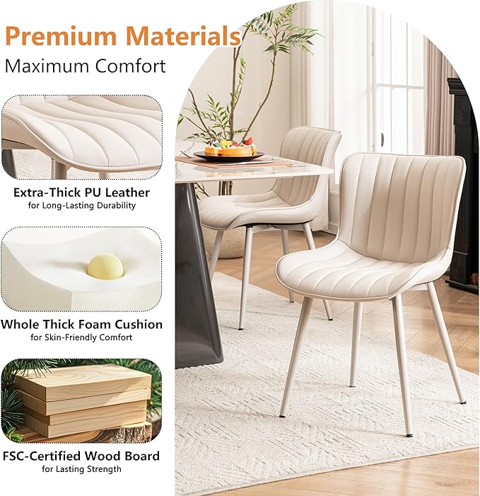 YOUNUOKE Mid-Century Modern Dining Chairs Set of 2, Cream PU Leather