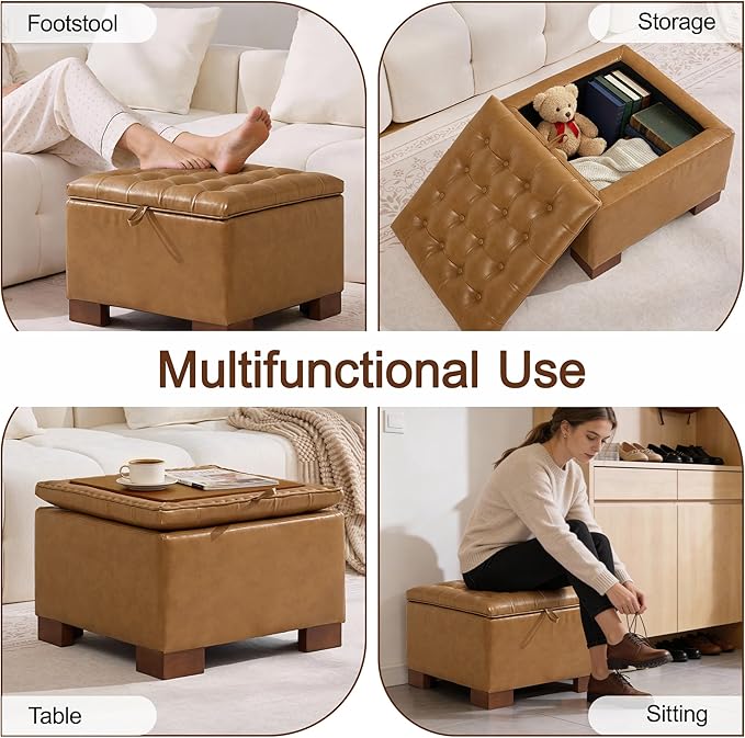 WUTUTUEE 24" Faux Leather Square Storage Ottoman