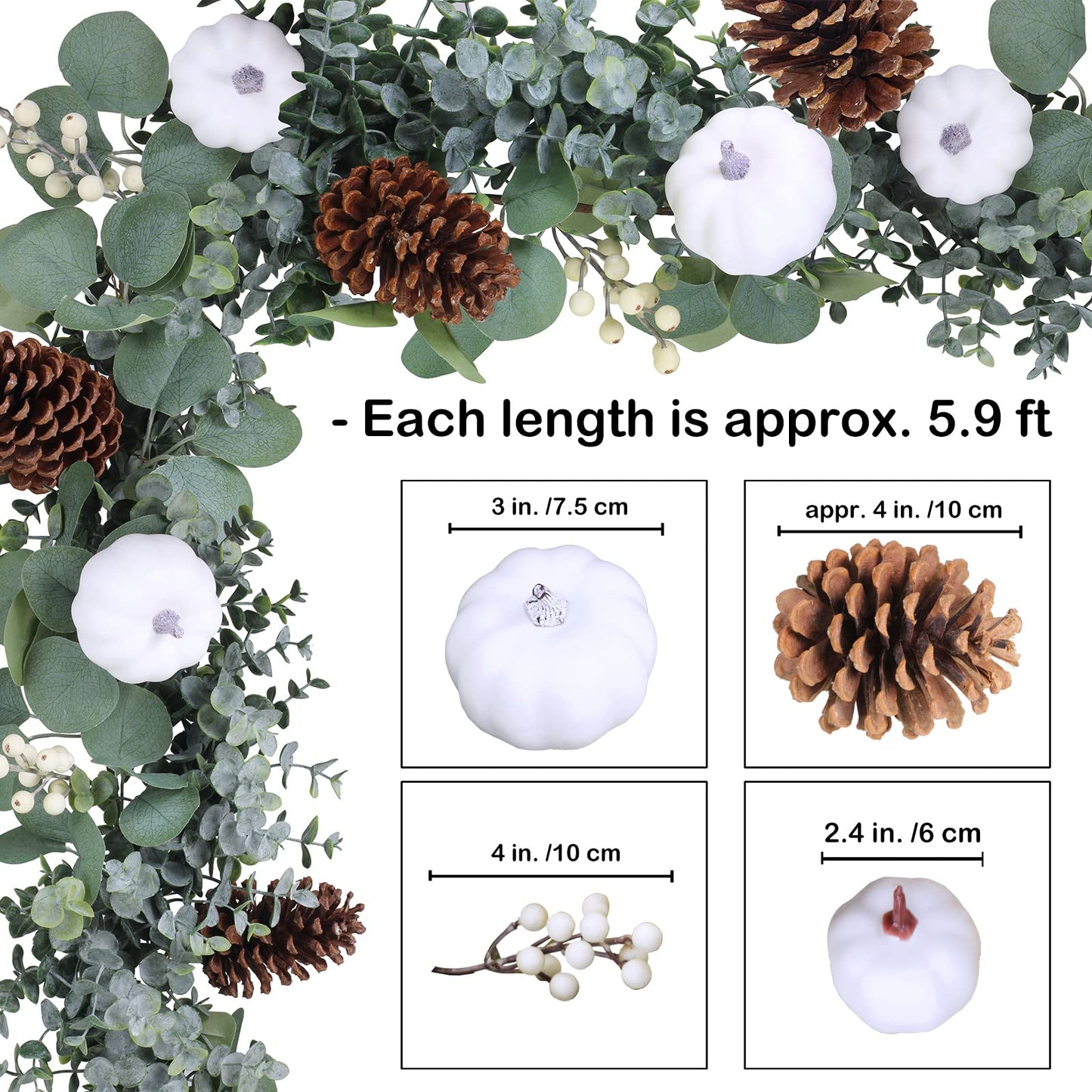 Winlyn Fall White Pumpkin Artificial Eucalyptus Garland with Pumpkins Pinecones Berries - Fall Decor, 5.9' L - Farmhouse Wedding Arch Backdrop, Thanksgiving Mantel, Table Runner, Centerpiece