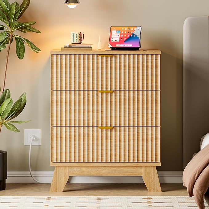 BORNOON 30.5" Nightstand with Charging Station, 3-Drawer Fluted Bedroom Chest