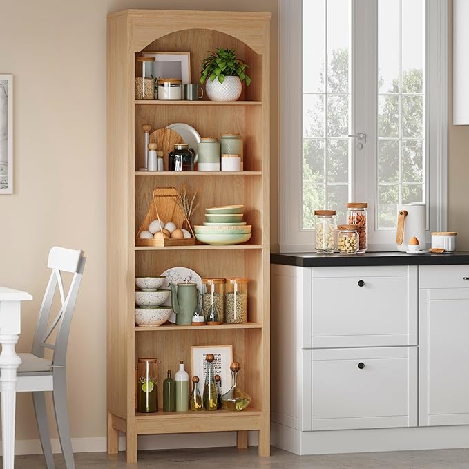 Arched Set of 2 Bookshelf with 5 Tier Open Shelves, Living Room, Natural Oak