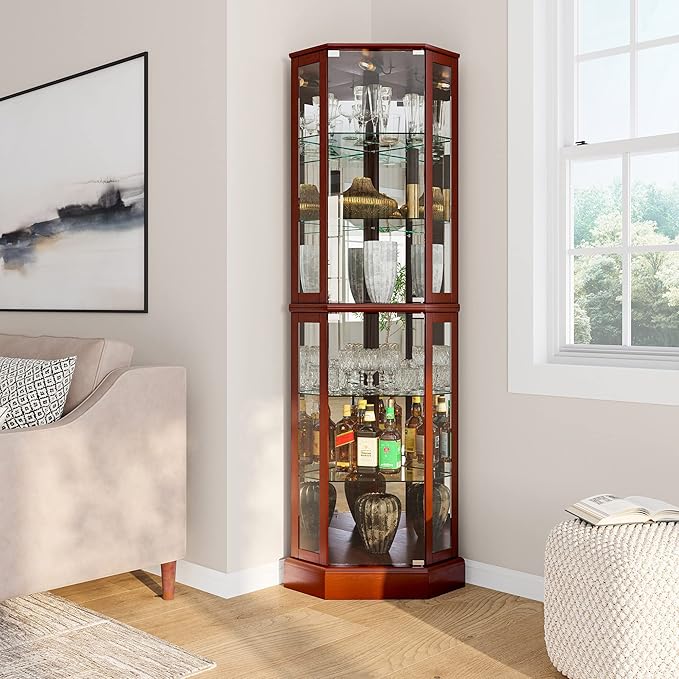 BELLEZE Lighted Corner Display Curio Cabinet, Bar and Liquor Storage Area