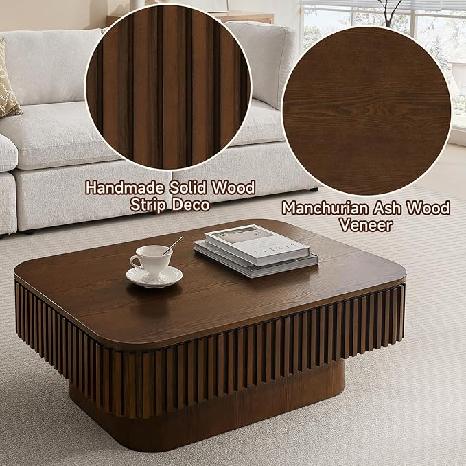 Lift Top Coffee Table for Living Room, Rectangle Handmade Solid Wood Strips