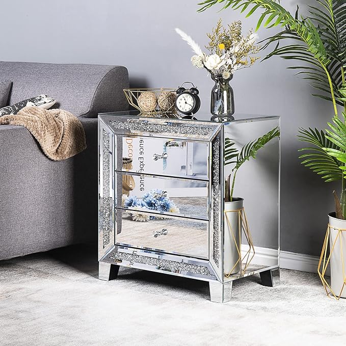 VINGLI Mirrored Nightstand Glass End Table, Mirrored Bedside Table