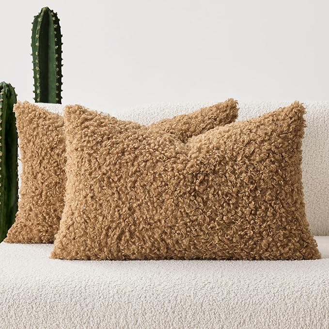 Faux Fur Throw Pillow Covers 20x12 Inch Set of 2 Boucle Neutral Decorative