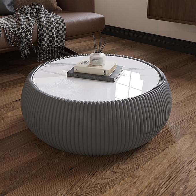 27.55" Round Marble Coffee Table, Modern Fluted Coffee Table