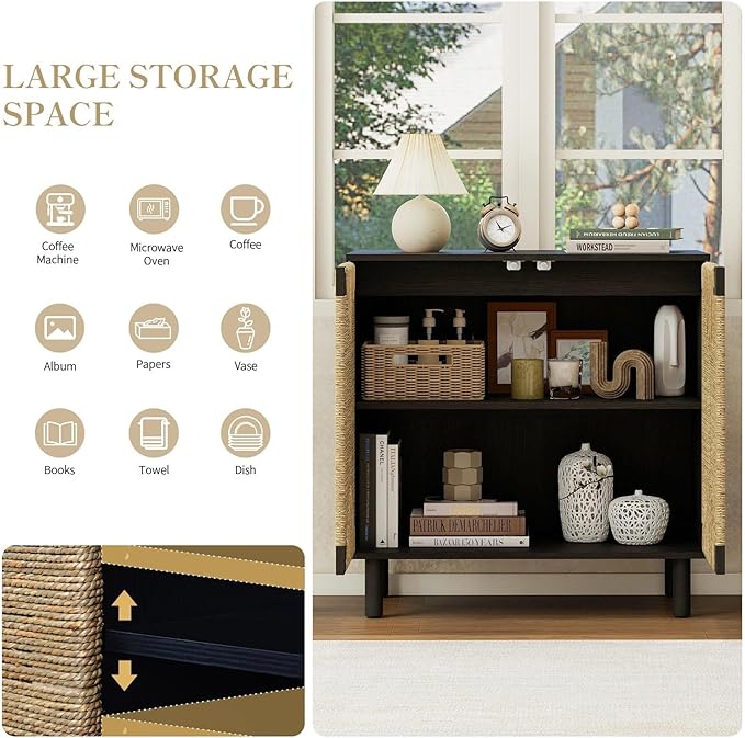 31.5" Black Accent Storage Cabinet, Modern Boho Sideboard