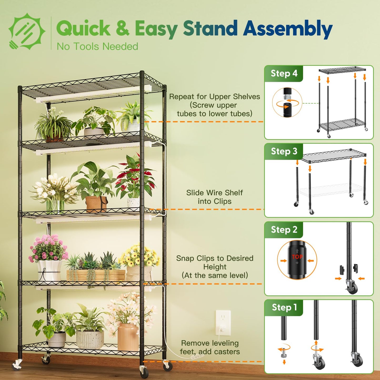 FREELICHT DIY Plant Shelf with Grow Light, 5-Tier, 2FT 5000K 120W(4x30W), Full Spectrum, Metal Plant Stand with Adjustable Rack and Wheel, LED Grow Lights with Timer for Seed Starting 35.4x13.8x61.5IN