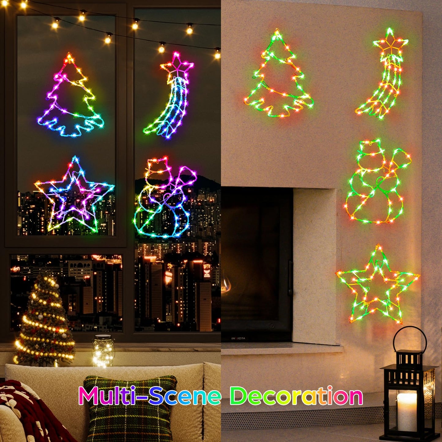 FANCILLUMA 4 Pack Smart Christmas Window Lights, Window Silhouette Lights, Christmas Decorations Indoor,Custom & Preset Modes,APP Control Snowman, Meteor, Christmas Tree, Star for Door Glass